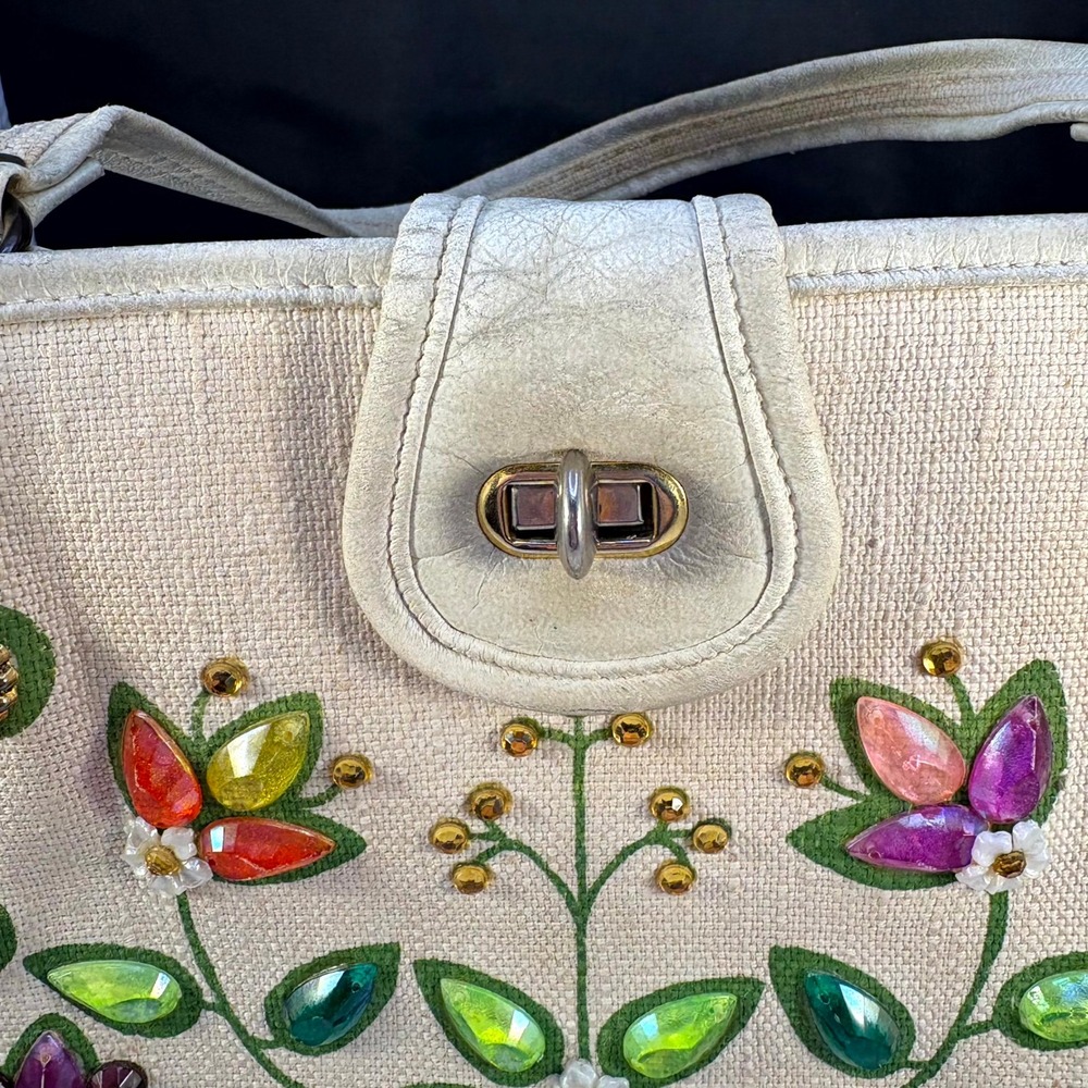 Vintage Enid Collins Flower Garden Jeweled Canvas Leather Handbag Horse Logo - Picture 6 of 15